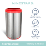 Nine Stars Open-Top Kitchen Trash Can, 13 Gallon Stainless Steel, Hands-Free Waste Bin, Silver and Red - Image 2