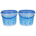 2 pack small Christmas treat bucket with lids and handle - Blue Print Snowflake, Red Print Reindeer, or Red Print Merry & Bright