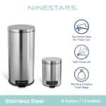 Nine Stars Kitchen Trash Can Combo, 13 and 1 Gallon Stainless Steel Step Garbage Bin with Soft Close Lid, Silver - Image 2