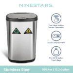 Nine Stars Automatic Kitchen Trash Can, 13 Gallon Stainless Steel, Motion Sensor Hands-Free Soft-Close Lid Garbage Bin, Silver - Image 3