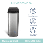 Nine Stars Automatic Kitchen Trash Can, 13 Gallon Stainless Steel, Motion Sensor Hands-Free Soft-Close Lid Garbage Bin, Silver - Image 2
