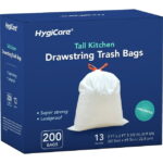 HygiCare 13 Gallon Drawstring Trash Bag, Tall Kitchen, 200 Count, Unscented, Super Strong, Leakproof