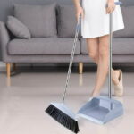 Long Handle Broom and Dustpan Set, Upright Standing Floor Sweeper with Squeegee for Home, Kitchen, Office, or Lobby