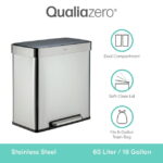 Qualiazero 16 Gallon (60L) Stainless Steel Dual Compartment Step-On Trash Can with Recycling, Soft-Close Lid, Kitchen Garbage & Recycler, Silver - Image 2