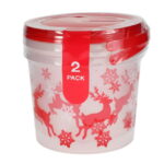 2 pack small Christmas treat bucket with lids and handle - Blue Print Snowflake, Red Print Reindeer, or Red Print Merry & Bright - Image 3