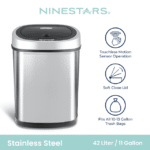Nine Stars Automatic Kitchen Trash Can, 11 Gallon Stainless Steel Motion Sensor Garbage Bin with Soft Close Lid, Silver - Image 3